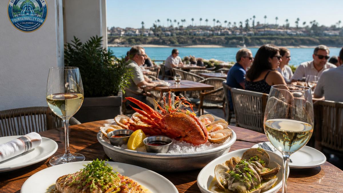 Infographic mapping top scenic orange county dining spots by view and seafood menu options