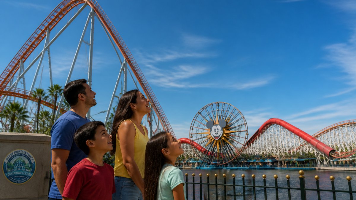 Family looking up at a tall roller coaster track at Knott's Berry Farm vs Disneyland theme parks