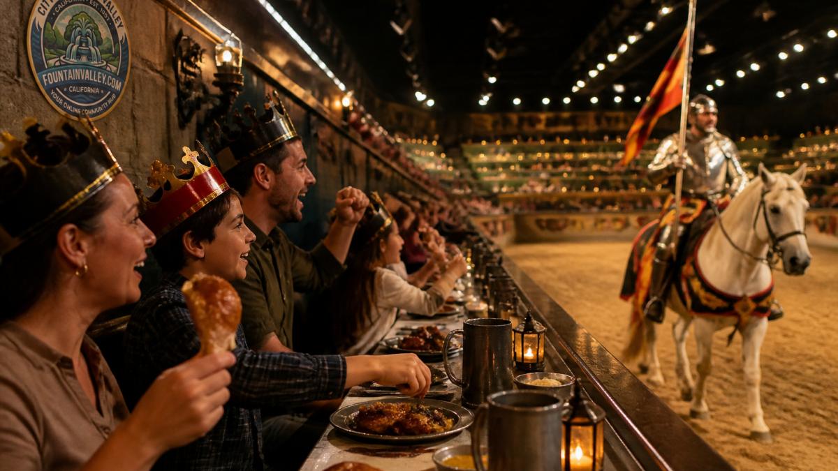 Infographic showing the Medieval Times Buena Park dinner and tournament experience from banquet seating to jousting.